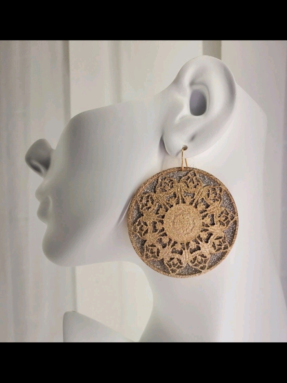 Gold Lacy Filigree Round 3 Inch Disc Drop Overlay Earrings W/French Wire